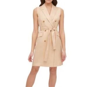 Tommy Hilfiger Tan Sleeveless Dress, Double Button. With Belt,V-Neck Size 14